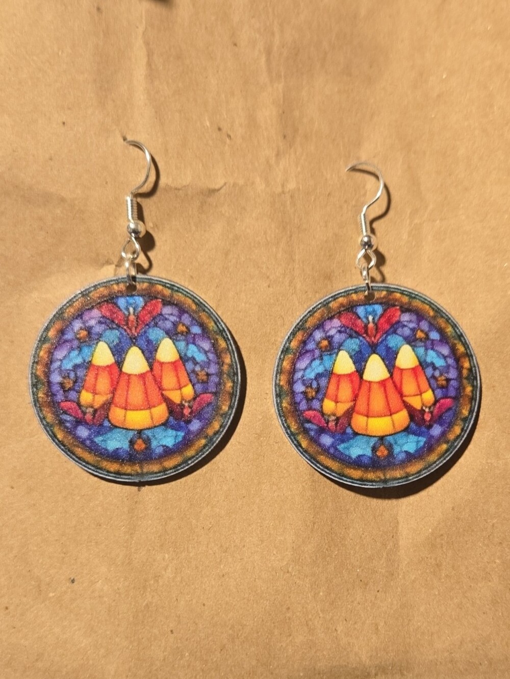 Candy Corn And Bats Stained Glass Style Drop Earrings - Orange & Purple